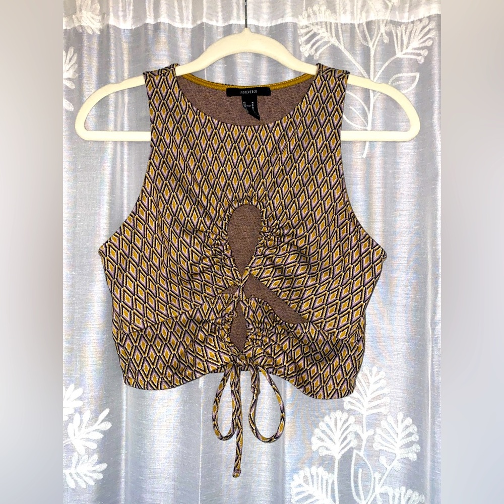 Forever 21 High Neck Patterned Cutout Tank. Size Medium. Purple / Yellow / Tan.